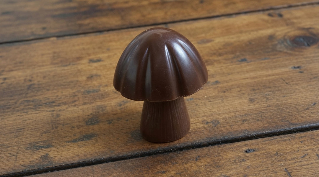 A glossy, mushroom-shaped milk chocolate confection standing upright on a rustic wooden tabletop background.