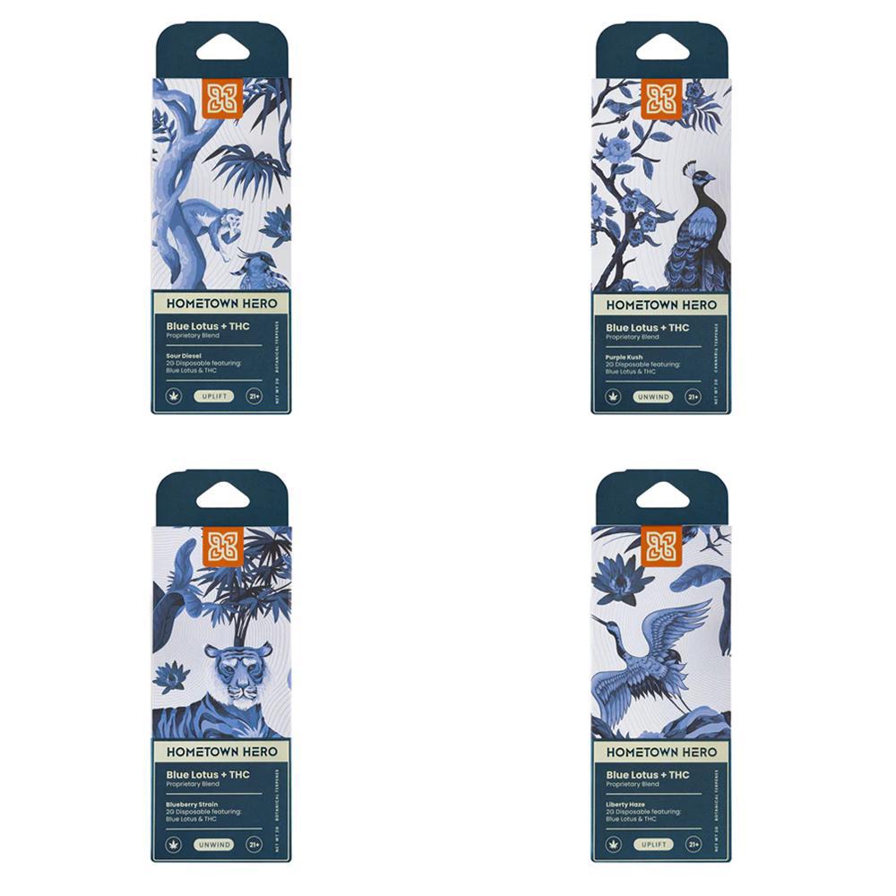 Variety Pack of 4 Blue Lotus + THC Disposable Vapes from Hometown Hero Sour Diesel, Purple Kush, Blueberry Strain, Liberty Haze