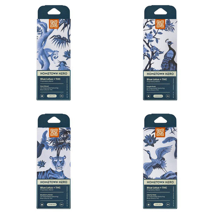 Variety Pack of 4 Blue Lotus + THC Disposable Vapes from Hometown Hero Sour Diesel, Purple Kush, Blueberry Strain, Liberty Haze