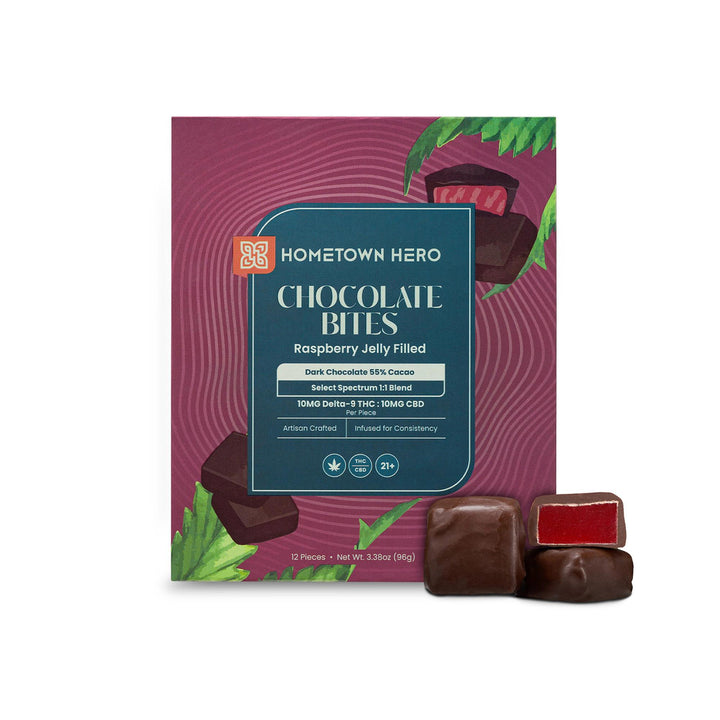 LIMITED EDITION: Hometown Hero Raspberry Jelly THC Dark Chocolate Bites - Ethereal Gold Dispensary